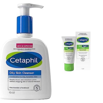 Cetaphil Oily Skin Cleanser, 473ml, Face Wash, For Combination to Oily Sensitive Skin, With Niacinamide & Rich Night Cream, 50g, For Dry To Very Dry, Sensitive Skin, With Niacinamide