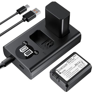 ENEGON Batteries NP-FW50(2x1300mAh) Rechargeables et Chargeur LCD Intelligent USB Compatible avec Sony Alpha ZV-E10, A6500, A6400, A6300, A6000, A7, A7S, A7S II, A5100, A5000, et Sony NEX Série 3/5/7