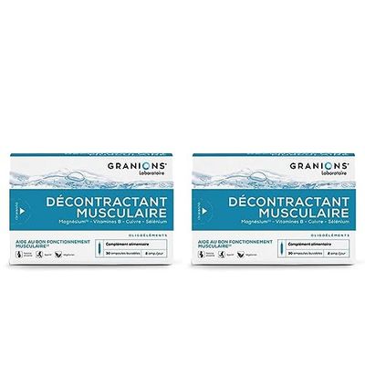 Granions Décontractant Musculaire, Crampes, gênes, raideurs musculaires, Magnesium, Vit B, Cuivre, Selenium, Pour toute la famille, Fabriqué en France, 30 Ampoules (Lot de 2)