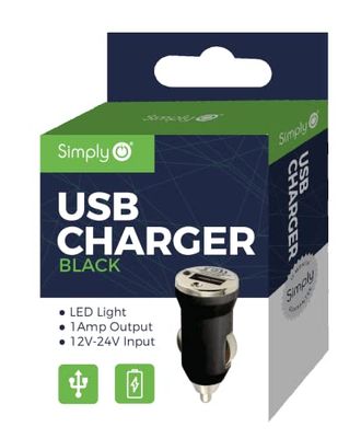 Simply ICDC01 Single USB 1amp Car Charger with LED Light Indicators for Apple Android and Other USB Devices, Black