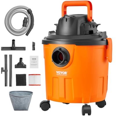 VEVOR Aspirateur eau et poussière 18 L, aspirateur d'atelier sec humide portable léger, 6 CV max, aspiration et soufflerie efficaces avec buse, roulettes, pour tapis, débris, poils d'animaux, orange