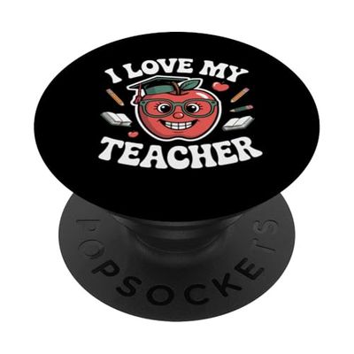 Diseño de dibujos animados de manzana con texto "I Love My Teacher PopSockets PopGrip Adhesivo