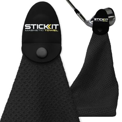 STICKIT Magnetisk golfhandduk, svart | Toppnivå mikrofiber golfhandduk med djupa våffelfickor | Industriell styrka magnet för starkt grepp vid golfvagnar eller klubbar