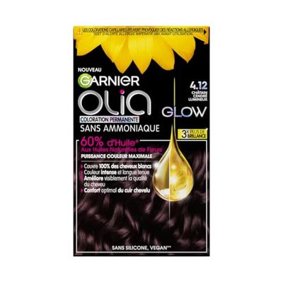 Garnier Coloration Permanente - Sans Ammoniaque - Aux Huiles Naturelles de Fleurs - Châtain Cendré Lumineux (4.12) - Olia Glow