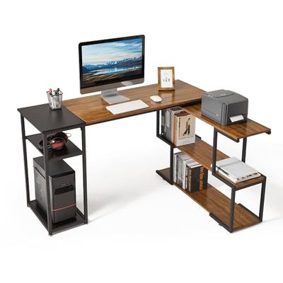 Mondeer L-vormig computerbureau, hoekbureau, 360° draaibare planken en verstelbare opbergplanken, ruimtebesparend voor thuiskantoor, studio-werkstation, rustiek bruin en zwart