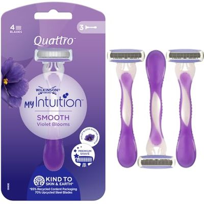 Wilkinson Sword Quattro My Intuition Smooth Violet Blooms - Rasoi usa e getta depilatori femminili a 4 foglie idratanti - Rasoi per depilazione da donna pelle sensibile, 3 pezzi