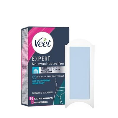 Veet Expert - Strisce di cera fredda per zona bikini e ascelle, strisce di cera per la depilazione per tutti i tipi di pelle, con pelle sensibile, 8 strisce doppie = 16 strisce