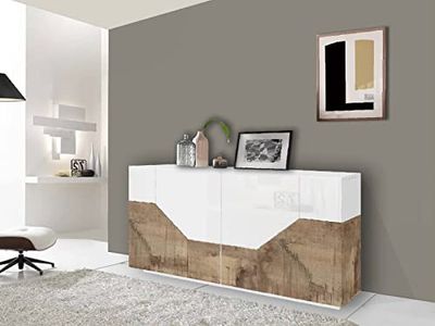 Dmora Credenza moderna a 4 Ante geometriche, Made in Italy, Madia da ingresso, Buffet di Design da soggiorno, Cm 200x43h86, Bianco lucido e Acero