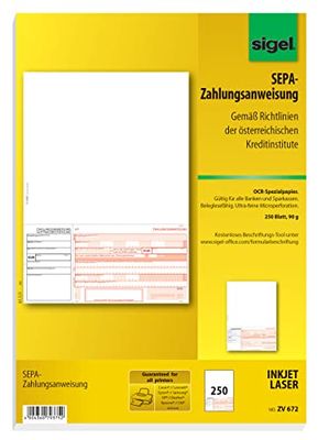 SIGEL ZV672 - Stanziamenti SEPA per pagamento in Austria, formato A4, 250 fogli, incluso assistente di etichettatura