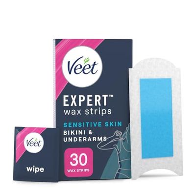 Veet Expert Bikini And Underarm Wax Strips, 30 Count With 3 Finish Wipes, Brazilian & Sensitive Hair Removal, Almond Oil, Dermatologically Tested, Nose Kit For Men