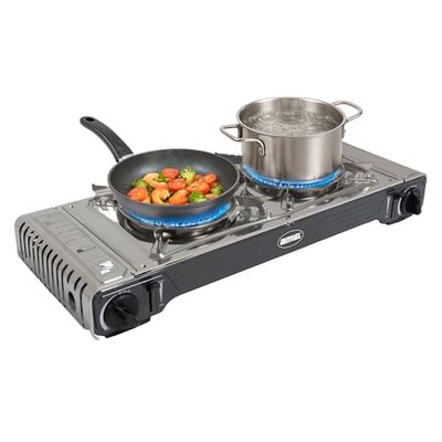 Amig Camping gasfornuis | draagbaar fornuis | 2 branders | inclusief grillplaat - gietijzer | roestvrij staal | 2,2 kW vermogen x 2