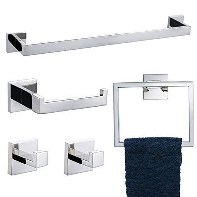 TNOMS El Juego de Accesorios de baño Pulido de 5 Piezas Incluye toallero, Soporte para Papel higiénico, Gancho para Toallas montado en la Pared, Acero Inoxidable.
