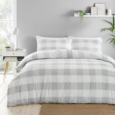 Fusion – Seersucker Gingham – texturerat påslakanset – dubbelsäng i silver