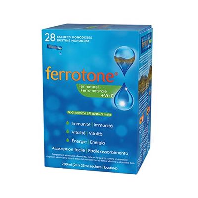 Ferrotone Eau Riche en Fer, Complément Alimentaire à Base de Fer, Saveur Pomme et Vitamine C, Votre vitalité et Immunité au Naturel, 28 Sachets de 25ml