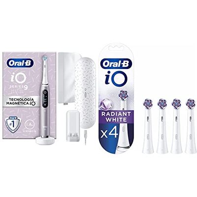 Oral-B iO9 Cepillo de Dientes Eléctrico con Mango Recargable- Cuarzo Rosa & iO Radiant White Recambios para Cepillo de Dientes Eléctrico, Pack de 4 Cabezales, Blanco - Originales