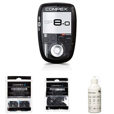 Compex Sp 8.0 Elettrostimolatore, Nero/Argento + CefarCompex - Elettrodi Performance Snap 5x5 cm Performance Elettrodi a Snap, 5x10 cm, 2 Pezzi 602048 Gel, 250 gr