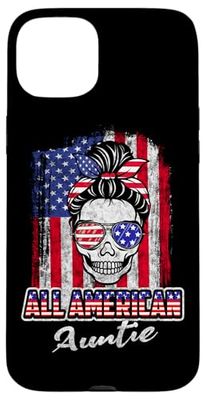 All American Auntie Patriotic Messy Bun Skull USA 4th July Custodia per iPhone 15 Plus