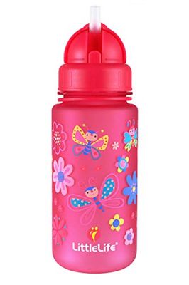 LittleLife Children's Water Bottle With Easy-Access Lid & Straw, 400ml, Pink Butterflies