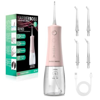BarberBoss Irrigateur Buccal, fil dentaire électrique sans fil, 5 modes de pression, Etanche IPX8, irrigateur buccal portable pour le soin des gencives, kit de nettoyage dents (Rose Pastel)