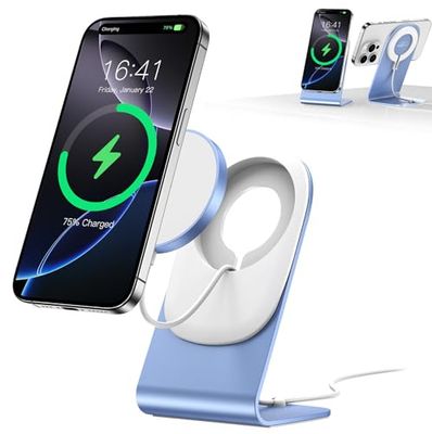 Chargeur Mag Safe BHHB Chargeur sans Fil Chargeur mag-Safe avec Support pour iPhone 16/15/14/13/12/Xs/X/Xr/8 Série et Air Pods 4/3/2/Pro (Bleu)