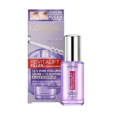 L'Oréal Paris Eye Serum for Women: Provides a Padded Eye Area and Less Dark Circles with 2.5% [Hyaluronic Acid + Caffeine], Revitalift Filler, 1 x 20 ml