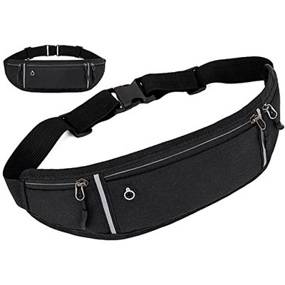 KKNE Marsupio sportivo per uomini e donne con jack per cuffie e 3 tasche con cerniera, cintura regolabile, borsa da allenamento all'aperto da viaggio per il tempo libero, Nero, Moda