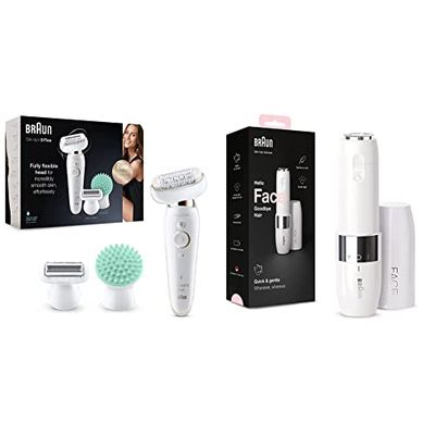 Braun Silk-épil 9 Flex Epilator, Flexible Head, White/Gold & Face Mini Hair Remover, Facial Hair Removal Anytime, Portable Design