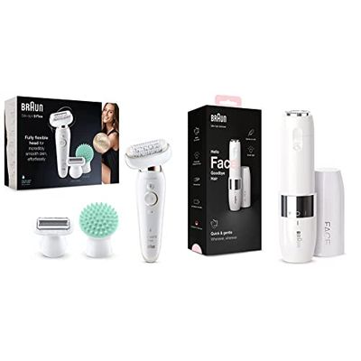 Braun Silk - Épil 9 Flex 9-020 - Épilateur Électrique Femme avec Tête Souple pour Une Épilation Facile des Poils, Blanc/Doré & Face Mini FS1000 - Rasoir Visage Électrique Pour Femme, Blanc