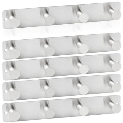 RICOO Heavy Duty Stainless Steel Wall Mounted Coat Hooks, MH025S-4x5, Elegant Hook Rack for Entryway, Kitchen, Bathroom, with 4 Durable Hooks, Silver