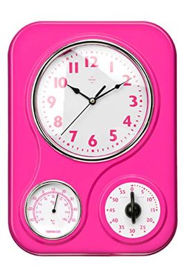 Premier Housewares Relógio de parede com termómetro e temporizador de cozinha, cor rosa