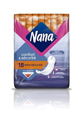 Nana Maxi Régulier Serviettes Hygiéniques - Flux Modéré - Confort & Sécurité avec Triple Protection - 18 Serviettes Maxi Régulier