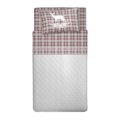 PENSIERI DELICATI Set med enkelsäng, flanell 100% varm och mjuk bomull, set med lakan 1 kvadrat 90 x 200 cm, inkluderar underlakan, över och 1 örngott, tillverkat i Italien, Tartan rådjur röd
