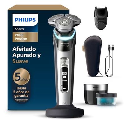 Philips i9000 Prestige, Afeitadora Eléctrica Hombre, Máquina de Afeitar Barba en Seco y Mojado, Tecnología SkinIQ, Base de Carga, Recargable, Estuche, Centro de limpieza, Recortador, XP9204/30