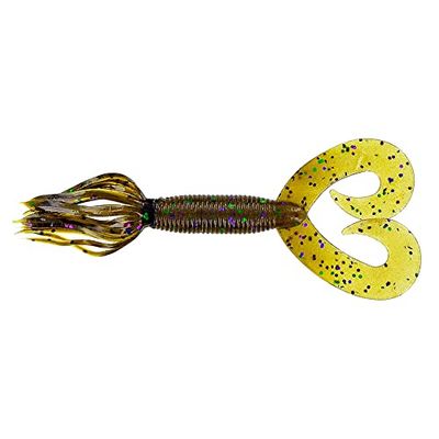 GARY YAMAMOTO Hula Grub - Esca da pesca in plastica morbida e facile da usare, con gonna a flusso libero, confezione da 10, colore: verde zucca con grande fiocco verde e grande viola