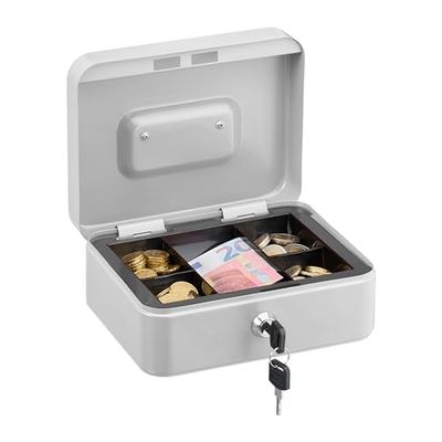 Relaxdays Caja de Dinero, Cerradura, Bandeja Extraíble, 5 Compartimentos, Cajita Hierro, 8,5 x 20 x 17 cm, Blanco
