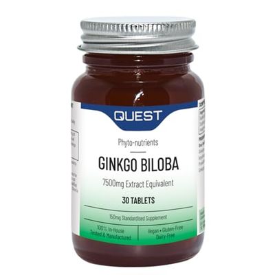 Quest - Ginkgo Biloba High Strength Tablets 7500mg Equivalent. Natural Herbal Supplements for Cognitive Function, Memory, Heart and Eye Health. Vegan & Gluten-Free (60 Tablets)