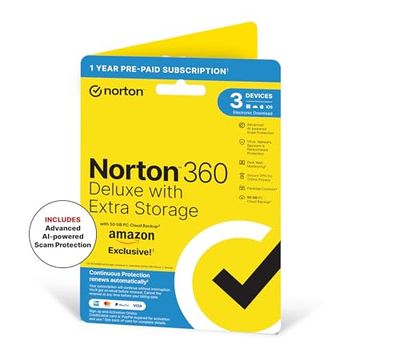 Norton 360 Deluxe with Extra Storage, 25 GB Extra Cloud Backup, Antivirus Software for 3 Devices and 1-year Subscription With Automatic Renewal