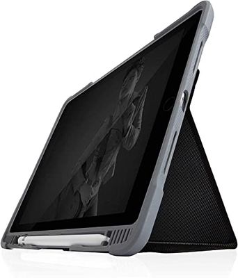 STM Bags Dux Plus DUO Case voor Apple iPad 10,2 inch (2021-2019), zwart/transparant, militaire standaard, Apple Pencil/Logitech Crayon vak, waterafstotend, standfunctie