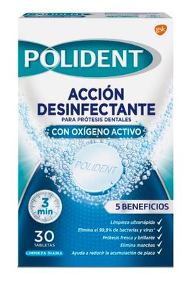 Polident Ação desinfetante com oxigénio ativo, tablets de limpeza para próteses dentárias, limpeza ultra-rápida, 30 unidades