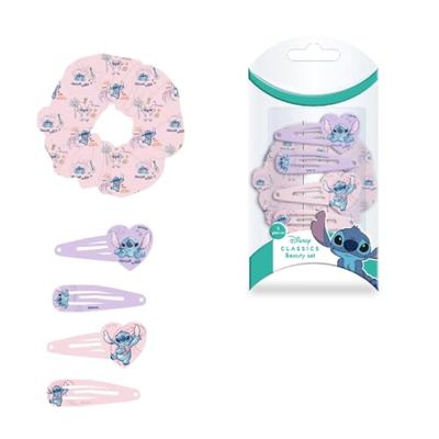 Disney Stitch Hair Accessories Beauty Set for Girls, Set Includes Pink and Purple 4 Hair Pins and 1 Stitch Hair Tie