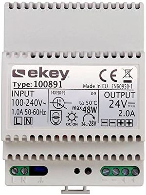 EKEY 100891 Alimentatore per montaggio su guida DIN con 230 VAC/24 VDC/2 A, Per l’approvvigionamento energetico dei sistemi di controllo degli accessi ekey per la tua casa, 48 W, 230 V, grigio