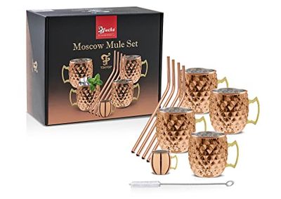DIAMOND Moscow Mule Set effetto rame, 4 bicchieri da 550 ml. 1 jigger da 10-20-40-60 ml. - 4 cannucce da 6 x 23 cm, 1 spazzola per cannuccia, 18 x 1 cm