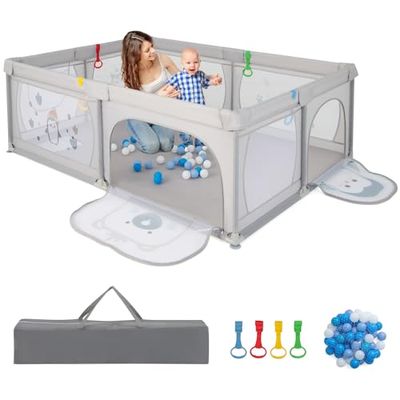 COSTWAY Babybox 205 x 147 cm, opvouwbaar, box met 50 ballen, 2 deuren, zijvak, ademend net en ritssluiting, box voor zuigelingen en peuters (grijze pinguïns)
