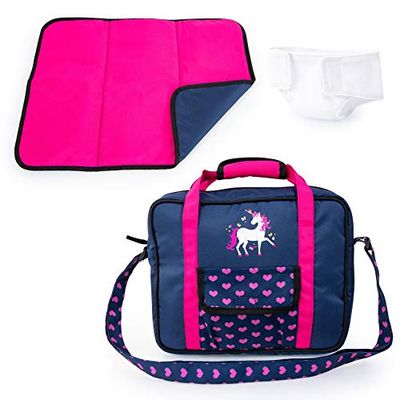 Bayer Design 69254AC docktillbehör, dockvårdsset, skötset för dockor, tillbehör för babydockor med skötväska, skötmatta, sydd blöja, blå, rosa med enhörning och hjärtan