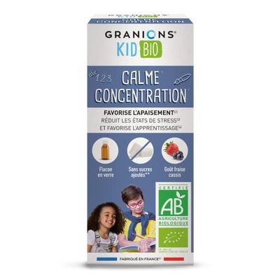 GRANIONS KID BIO CALME CONCENTRATION - Certifie - Triple Action : APAISE + REDUIT LE STRESS + FAVORISE L'APPRENTISSAGE - Melisse + Coquelicot - Gout Fraise Cassis - 125 Ml - Marque Française