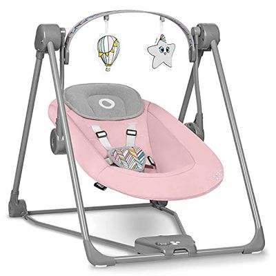 LIONELO Otto Columpio portátil para bebés hasta 9 kg, 5 velocidades de balanceo, Sistema de cinturones de seguridad, Fácil montaje, Arco de juguetes interactivos ajustable (Rosa)
