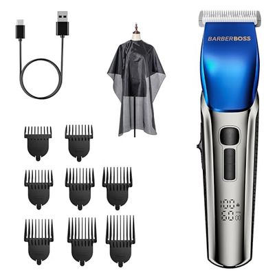BarberBoss Men's Hair Clippers & Beard Trimmer Grooming Kit – 4 Speed Settings, Ceramic Blades, 8 Guide Combs, LED Display, USB Rechargeable, Waterproof
