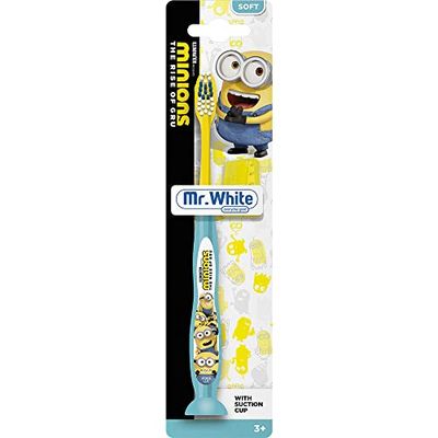 Mr.White Minions Kids Handzahnbürste mit Saugnapf und Reisekappe, weiche Borsten, geeignet für Kinder ab 3 Jahren