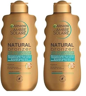 Garnier Latte Autoabbronzante Natural Bronzer, Per un'Abbronzatura Uniforme e Naturale, A Rapido Assorbimento, Azione Idratante e Levigante, Con Olio di Albicocca e Vitamina E, Ambre Solaire