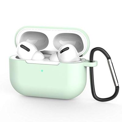 AirPods pro - Custodia protettiva in silicone e pelle per AirPods Pro, con LED anteriore visibile, ricarica senza fili, con moschettone, verde chiaro)